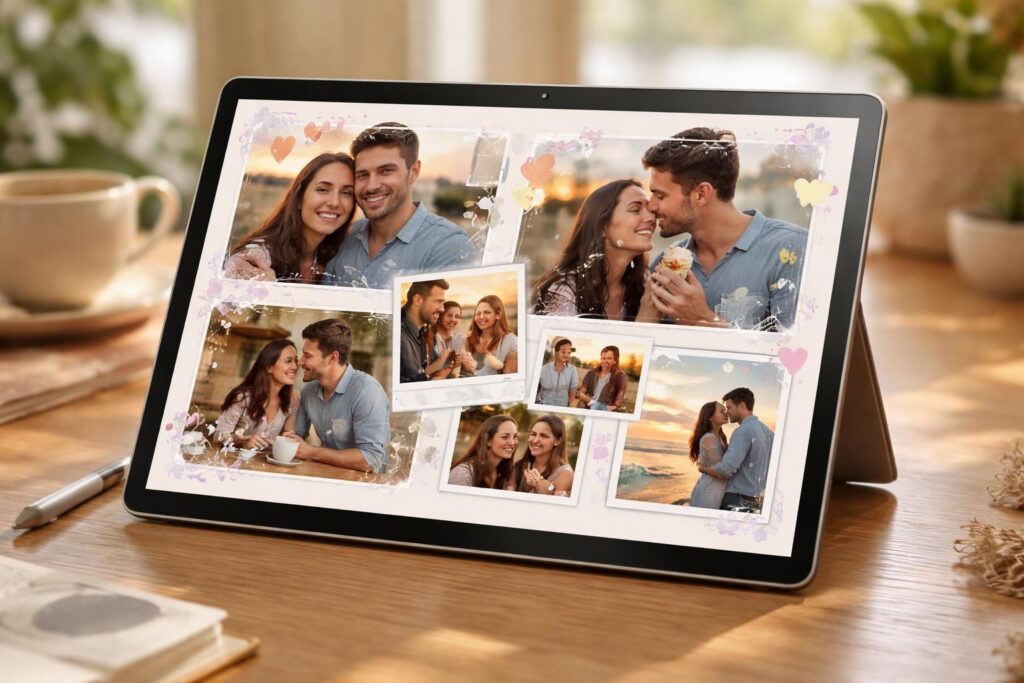 créez un album de couple unique avec un scrapbook moderne sur votre tablette tactile microsoft surface. capturez et partagez vos souvenirs précieux de façon innovante et élégante.